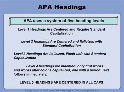 Headings level two through six should follow the first level heading, and be authored in a for example, this is the heading structure for this article: Apa Citation Guide