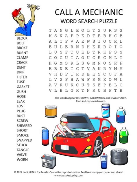 Mechanic Word Search Puzzle Puzzles To Play