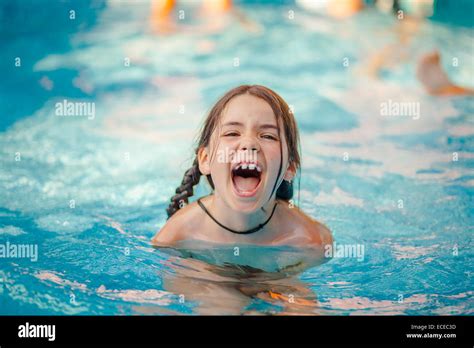 Portrait Of Girl In Swimming Pool Shouting Stock Photo Alamy