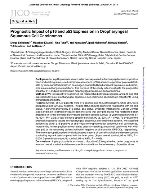 Pdf Prognostic Impact Of P16 And P53 Expression In Oropharyngeal