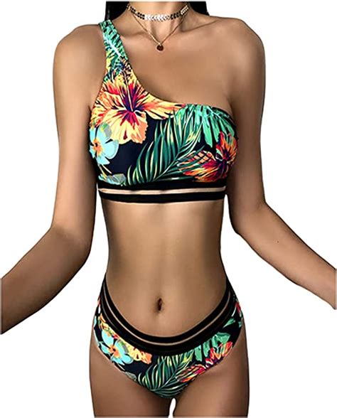 Green Leaf Print One Shoulder Swimsuit Fashion Split Bikini Amazon Co