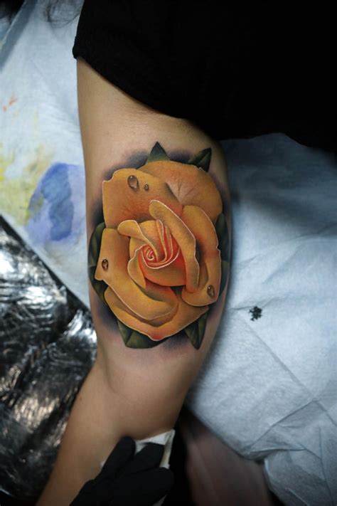 Realistic Yellow Rose Tattoo On Biceps By Andres Acosta Tattooimagesbiz