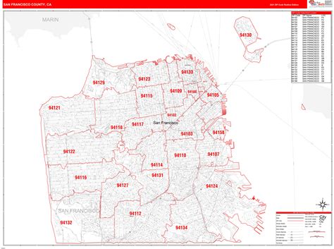 San Francisco County Ca Zip Code Wall Map Red Line Style By Marketmaps