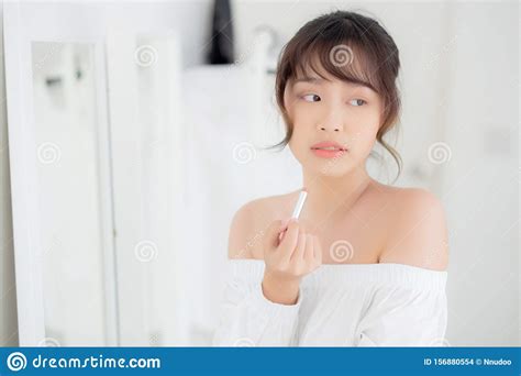 Beautiful Portrait Young Asian Woman Looking Mirror Applying Makeup