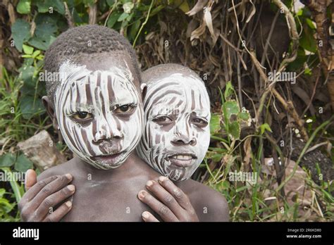Surma Boys With Body Painting Face Painting Surma Tribe Kibish Omo Valley Ethiopia Stock