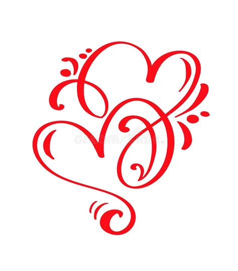 Couple Red Vector Valentines Day Hand Drawn Calligraphic Two Hearts Calligraphy Lettering