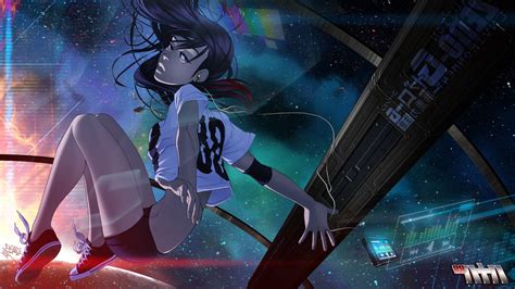 Wallpaper Cyberpunk Anime Girls Space Sky Futuristic Black Hair