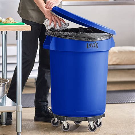 Lavex 32 Gallon Blue Round Commercial Trash Can With Lid And Dolly