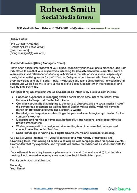 Social Media Intern Cover Letter Examples Qwikresume