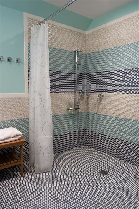 Bright colors such as white, cream, orange, black, and yellow are always the right choice for small spaces. Chic shower stall curtains in Bathroom Modern with Penny ...