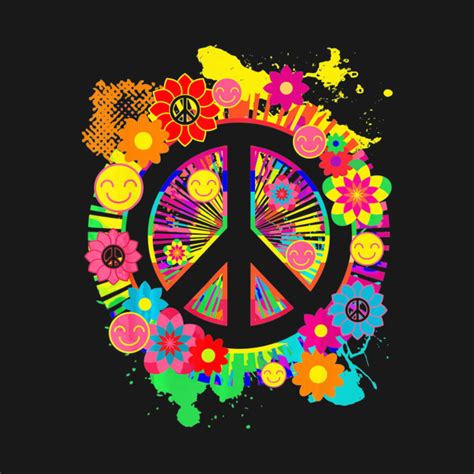 Peace Sign T Shirt Bright Colorful Flowers 70s Hippie Peace Sign T