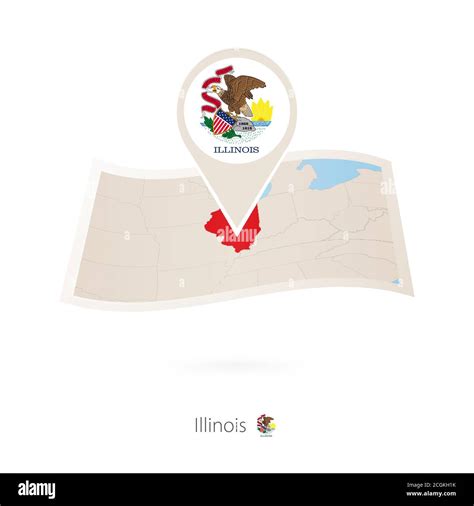 Folded Paper Map Of Illinois Us State With Flag Pin Of Illinois