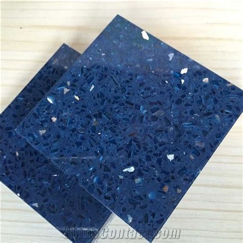 The manufacturer combines quartz particles with polymer resins, glass or granite particles, and pigments to create quartz countertops. Sparkle Blue Quartz Stone with Bright Surfaces for Prefab ...