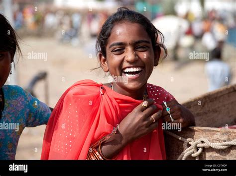 Happy Indian Girl Laughing During The Annual Camel Fair In Pushkar