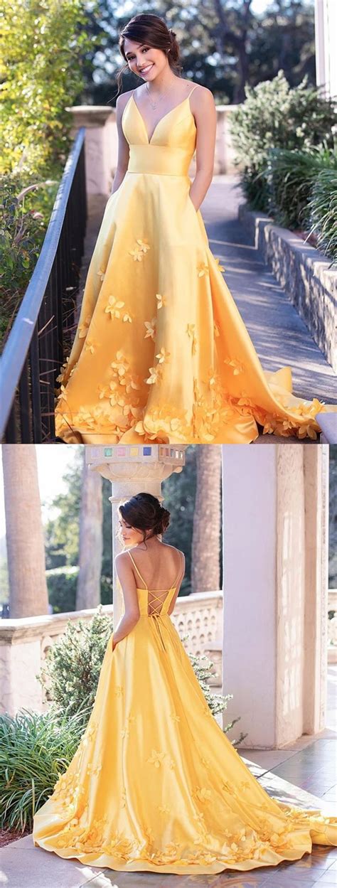 Or open a free online store. A Line V Neck Yellow Prom Dresses with 3D Flower, Yellow ...