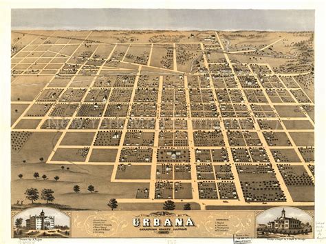 1869 Map Birds Eye View Of The City Of Urbana Champaign County