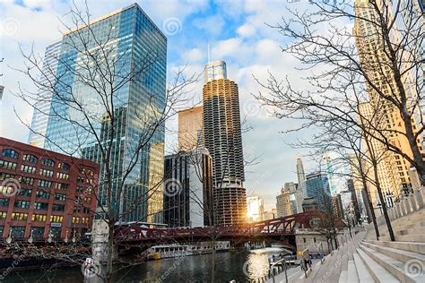High Rise Office And Residential Building Along Chicago River At Sunset