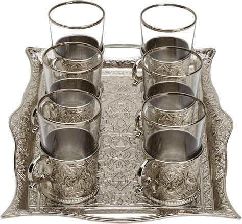 Turkish Tea Set For 6 Glasses With Brass Holders Tray Silver 6 6