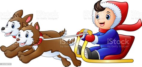 Cartoon Boy Riding A Sleigh Pulled By Dog Stock Illustration Download