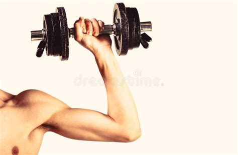 Weak Man Lift A Weight Dumbbells Biceps Muscle Fitness Man Holding
