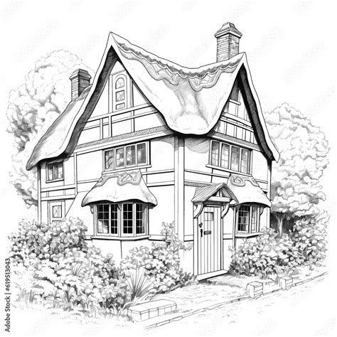 cute english house black and white vector illustration for adult coloring retro style
