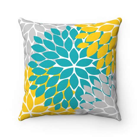 Teal Yellow Gray Flower Pillow Cover Throw Pillow Modern Etsy Teal