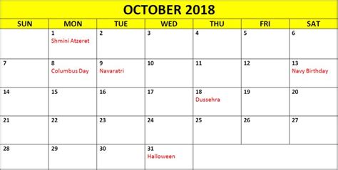 October 2018 Calendar With Holidays List Printable Calendar Holiday