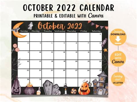 October 2022 Editable Calendar Printable Spooky Halloween Etsy