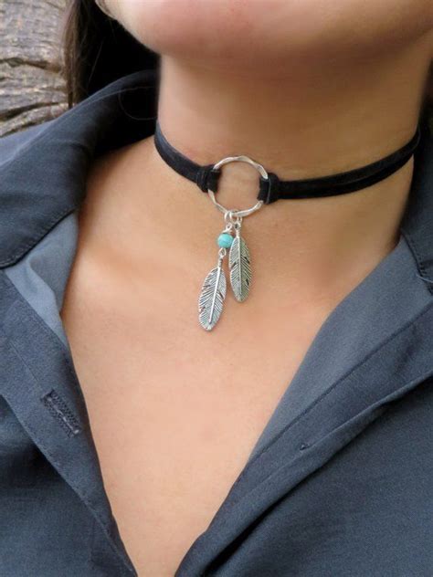 Choker Necklace Suede Choker Necklace Bohemian Feather Etsy Suede