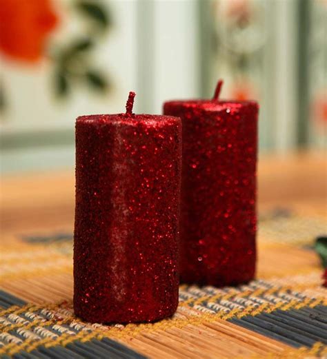 Red Set Of 2 Decorative Pillar Shaped Sparkle Candle By Blackberry