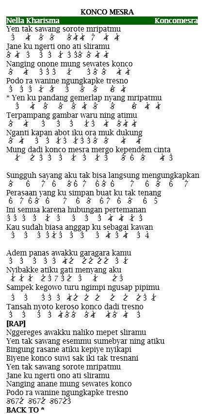 Yen ku pandang gemerlap nyang mripatmu terpampang gambar waru ning atimu nganti kapan abot iku ora mok dukung mung. Not Angka Pianika Lagu Konco Mesra - Nella Kharisma ...