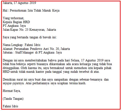 Berbicara tentang surat izin, surat ini bertujuan untuk memberitahu kepada atasan maupun tempat kerja tentang alasan kenapa kita tidak bisa masuk kerja. Surat Permohonan Izin Tidak Masuk Kerja Karena Urusan ...
