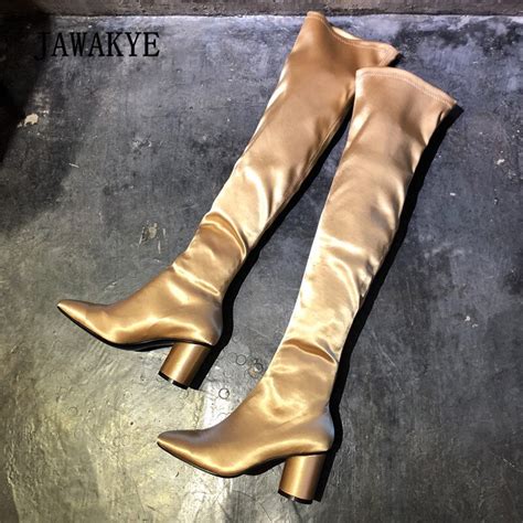 2018 sexy nude satin over the knee boots woman pointed toe high heel boots women fashion elastic