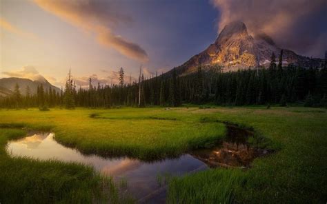 Landscape Nature Sunset Forest Mountain Clouds Grass Green Creeks