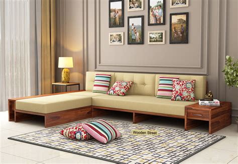 Stylize one with its back against the wall to make room for other items. Buy Cortez L-Shaped Wooden Sofa (Honey Finish) Online in ...