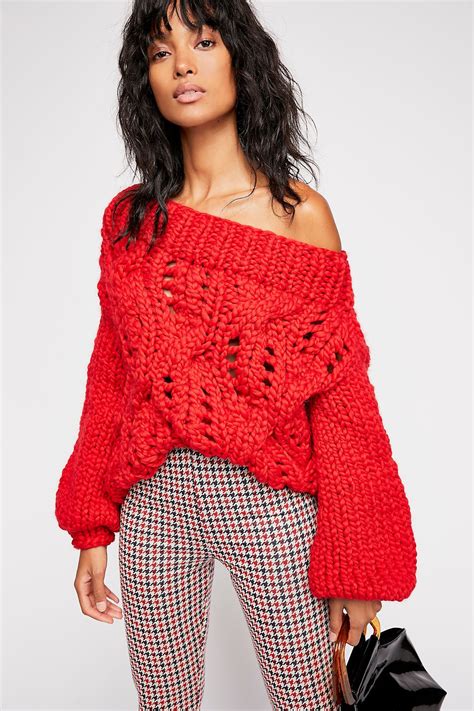 Off Her Shoulder Cable Sweater Red Cable Knit Sweater Sweater