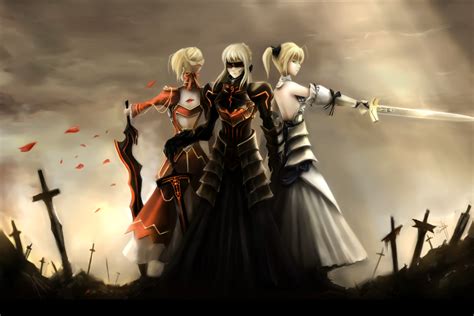 Three Female Anime Characters Holding Swords Illustration Anime Anime