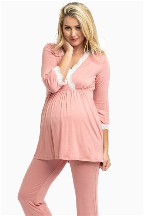 Pink Lace Trim Maternity Pajama Top Stylish Maternity Outfits Maternity Pajamas Maternity
