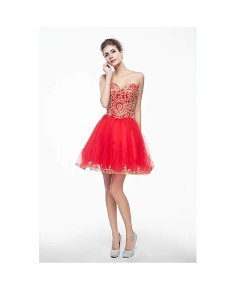 Red Minishort Strapless Beaded Top Tulle Sparkly Puffy Prom Dress