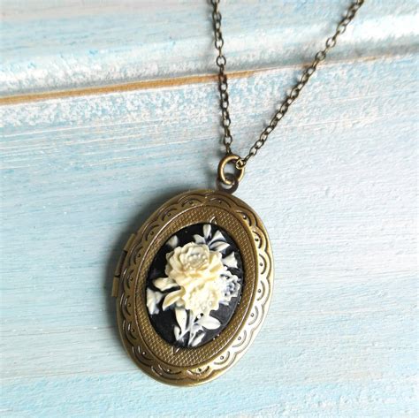 Cameo Locket Necklaceantique Bronze Locket With Black And White Floral