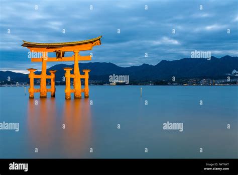 Miyajima Hiroshima Famed Floating Torii Gate Japan Sunset Stock Photo