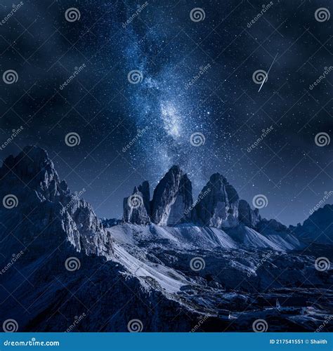 Milky Way Over Tre Cime In Dolomites Dolomites At Night Stock Image