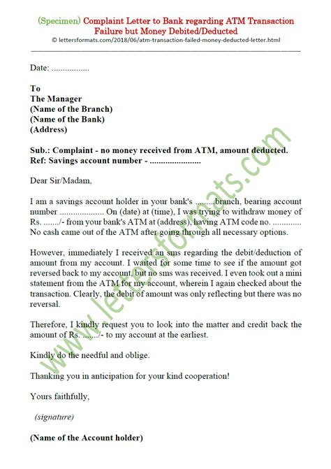 Atm Transaction Failed Money Deducted Complaint Letter To Bank