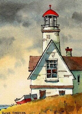 Lighthouse ACEO 2 5 X3 5 Original Watercolor Peter Sheeler Boat