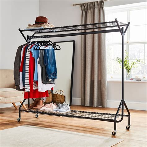 Black Heavy Duty Hanging Clothes Garment Rail With Shoe Rack Shelf And