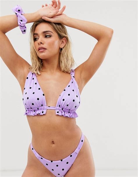 Asos Design Tab Frill Triangle Bikini Top In Lilac Polka Dot Print With