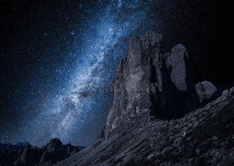 Milky Way Over Tre Cime At Night Dolomites Stock Image Image Of
