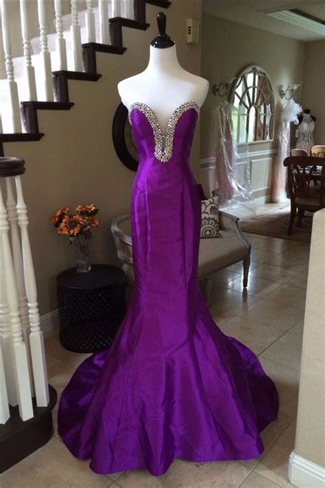 Mermaid Sweetheart Plunging Neckline Purple Taffeta Beaded Prom Dress