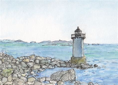 Fine Art Signed Print Of New England Lighthouse Blue And Green Ocean