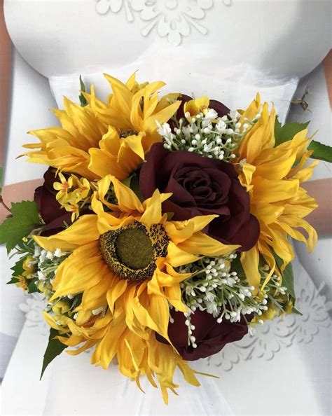 The flowers are very flimsy. Artificial Burgundy Sunflower Bridal Bouquet, Wine and ...